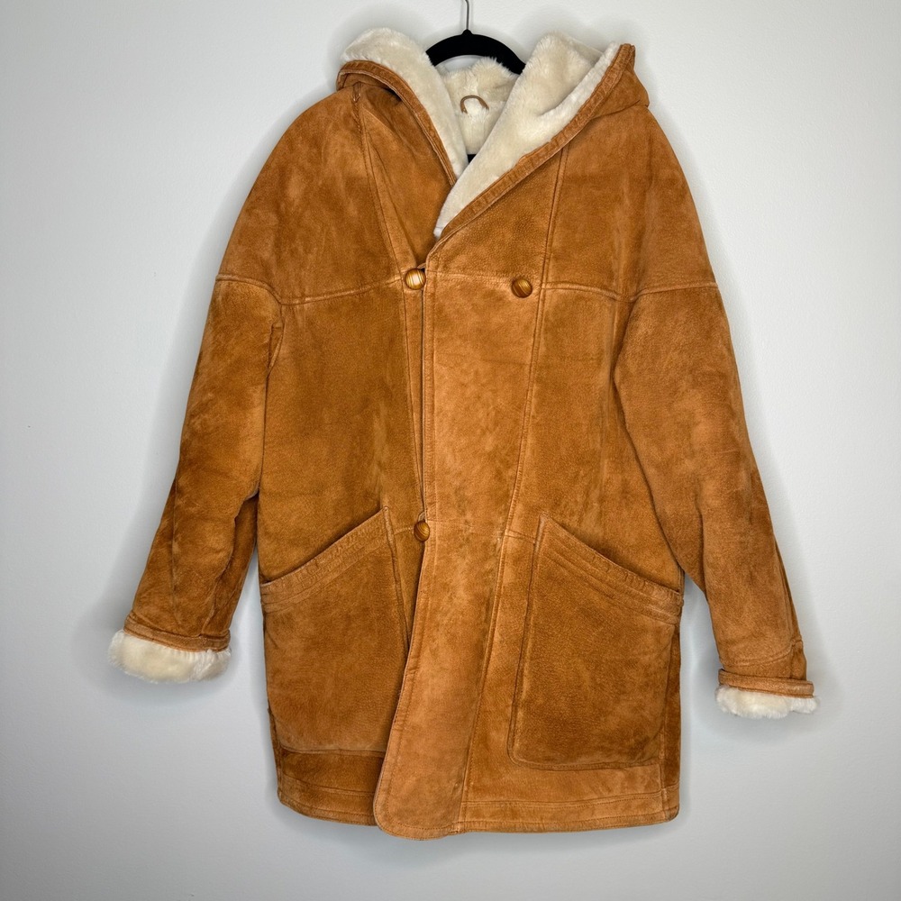 Vintage Limited London Paris New York Suede Faux Shearling Hooded Coat Tan M